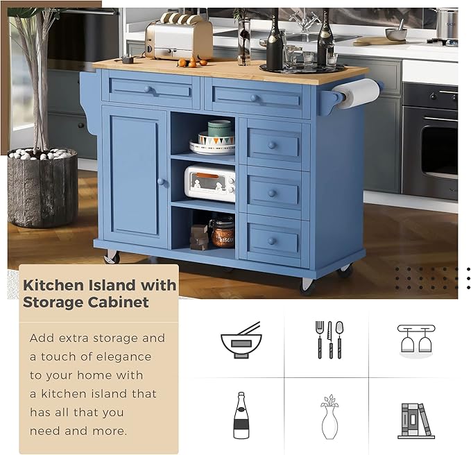 Island with Storage Cabinets, Rolling Mobile Kitchen-cart with Rubber Wood Desktop and 5 Drawers & Open Shelves, Sideboard for Dining Room, Home Bar, Blue, 52.8 Inch - LeafyLoom