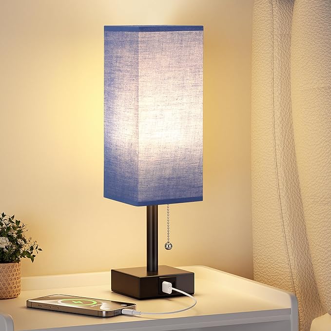 Blue Small Table Lamp for Bedroom - 3 Color Temperature 3000K 5000K 4000K Bedside Lamp, Pull Chain Control, USB A and C Charging Ports, Black Base, for Kids Office Dorm nightstand, Bulb Included - LeafyLoom