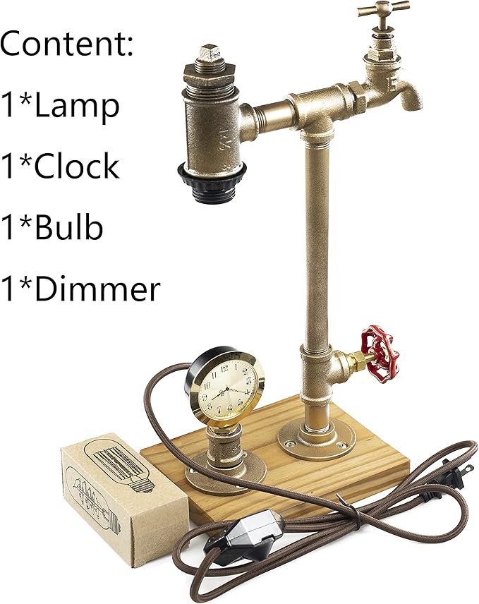 Steampunk Lamp with Dimmer, Dimmable Loft Style Industrial Vintage Antique Style Light with Bulb, Clock, Wood Base with Iron Piping Desk Lamp, Retro Desk Lamp LL-031 - LeafyLoom