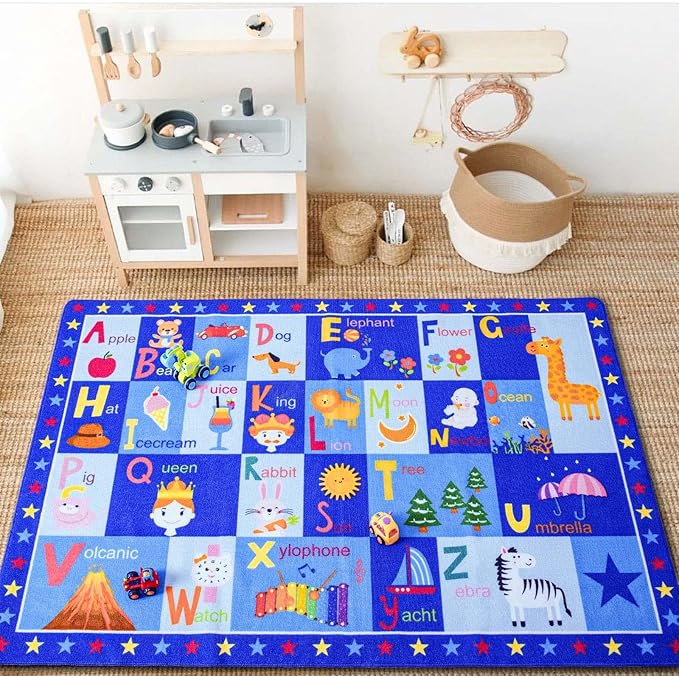 Terrug Kids Rugs ABC Alphabet Carpet Playmat, Word Educational Area Rug, Non Slip Cute Cartoon Daycare Supplies, Kids Gift for Playroom, Classroom, Bedroom and Nursery (3x5 Feet) - LeafyLoom