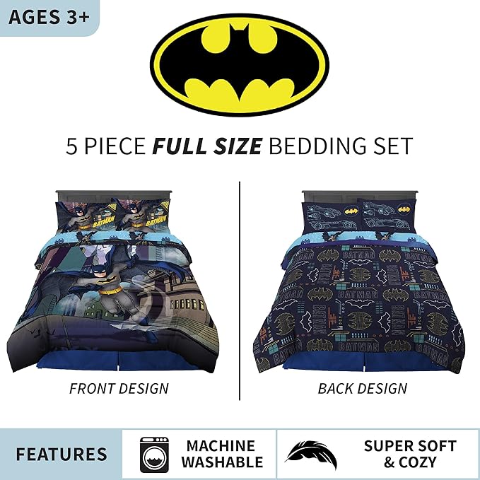 Franco Kids Bedding Super Soft Comforter and Sheet Set, 5 Piece Full Size, Batman - LeafyLoom