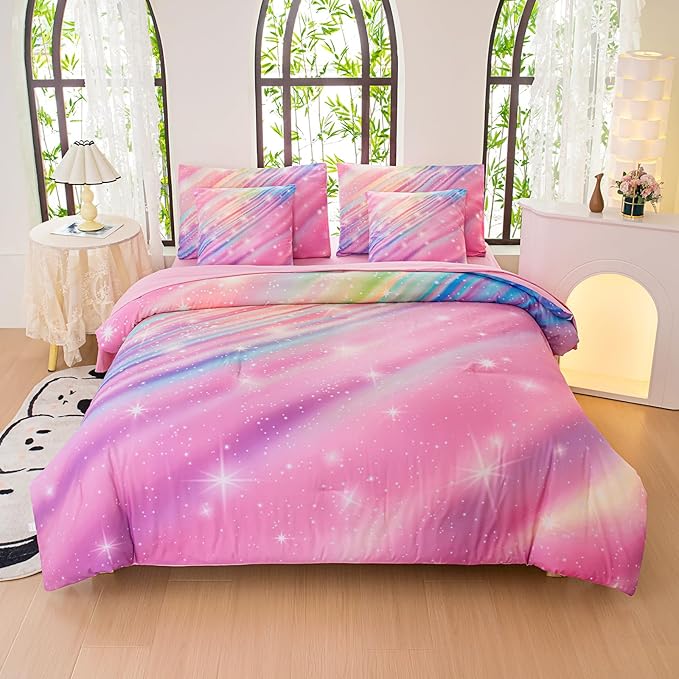 Full Size Bedding Sets Kids Bedding Sets for Girls,Galaxy Bedding 7pieces Glitter Pink Comforter, Colorful Comforter Full Size Comforter Sets for Teen Girls - LeafyLoom