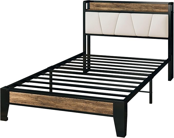 LIKIMIO Twin Bed Frames, Storage Headboard with Charging Station, Solid and Stable, Noise Free, No Box Spring Needed, Easy Assembly (Walnut and Beige) - LeafyLoom