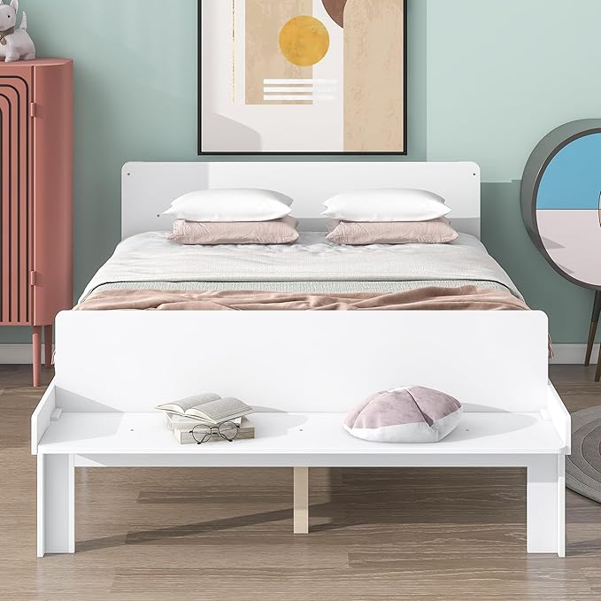 Full Bed with Footboard Bench, Full Kid Bed with Headboard, Wood Slat Support, Cute Kid Bed Frame with Book Storage Space, Full Car Bed for Boys Girls Bedroom, No Box Spring Needed, Grey - LeafyLoom