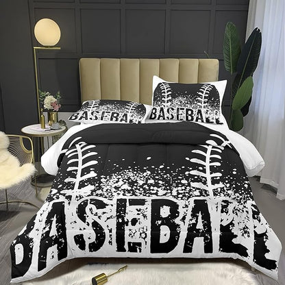 Bodhi Black and White Comforter Set,Sports Bedding Set for Boys Kids,Boys Baseball Bedding Full Size,Kids Comforter Set with Pillowcases,Teen Boys Bedding Set Full Size - LeafyLoom