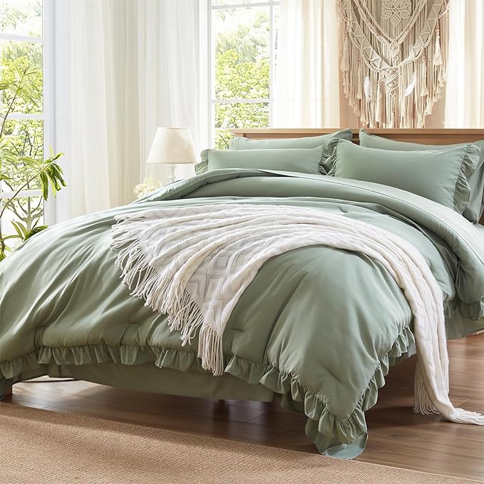 Anluoer Queen Comforter Set 7 Piece, Sage Green Bed in a Bag with Sheets, All Season Ruffle Shabby Chic Bedding Sets with 1 Comforter, 2 Pillow Shams, 2 Pillowcases, 1 Flat Sheet, 1 Fitted Sheet - LeafyLoom