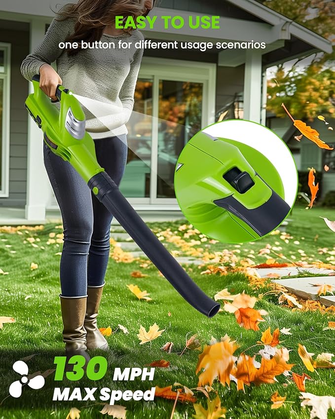 HARDELL 18V Cordless Leaf Blower, Battery Powered Leaf Blower for Lawn Care, Electric Mini Leaf Blower, 130MPH/98CFM, Bright Green (Battery & Charger Included) - LeafyLoom