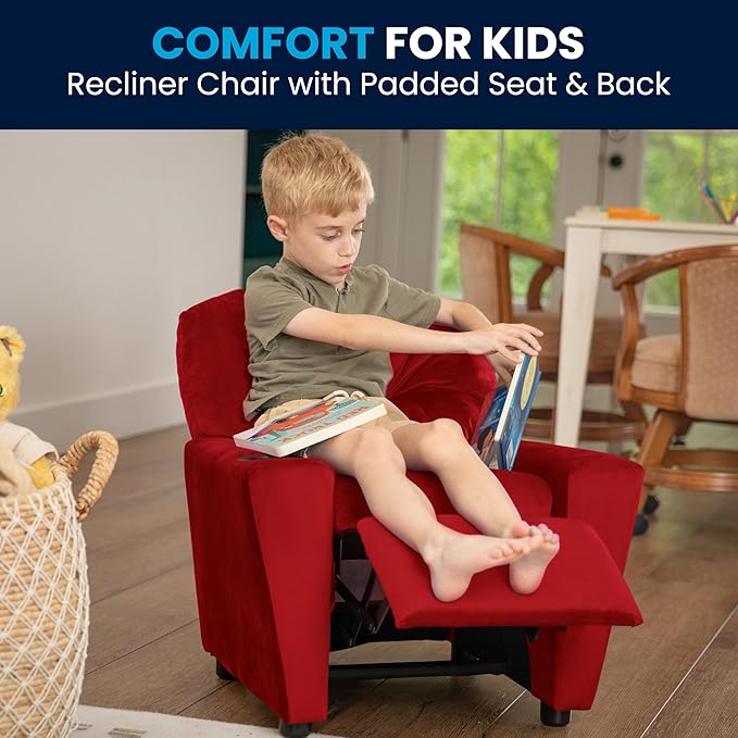 Flash Furniture Chandler Microfiber Kids Recliner with Cup Holder and Safety Recline, Contemporary Reclining Chair for Kids, Supports up to 90 lbs., Red - LeafyLoom