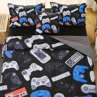 6Pcs Game Console Comforter Set with Sheets for Boys Girls Kids Teens, Gamepad Collection Themed Bed in A Bag Twin Size, 3D Video Gamer Controller Bedroom Decor Bedding Set - LeafyLoom