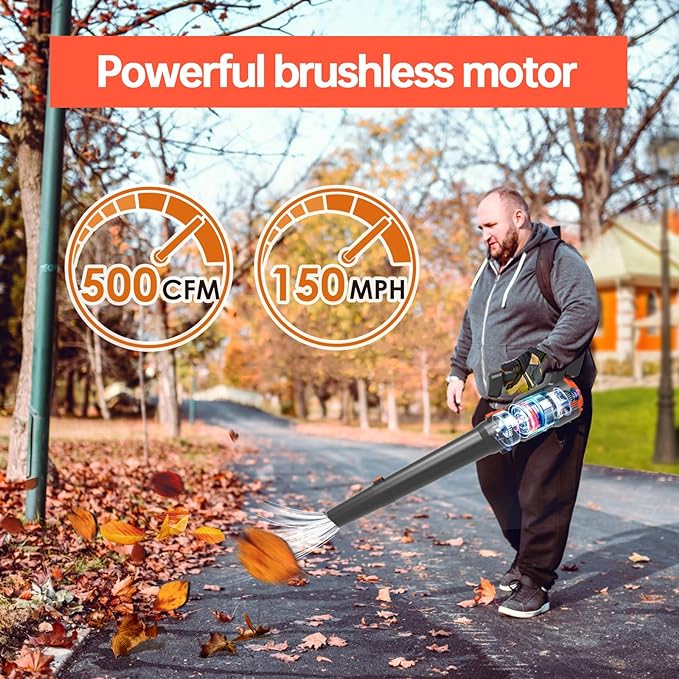 Leaf Blower Cordless - 500CFM 150MPH Brushless Electric Leaf Blower with Battery and Charger, 20V 2 packs 5.0 Ah Battery Powered Leaf Blower, for Lawn Care Yard Porch Driveway Patio Clean - LeafyLoom