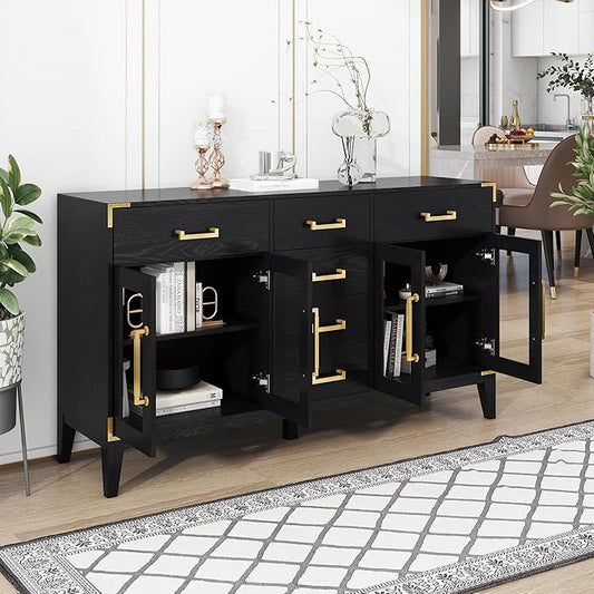 60" Retro Sideboard with 6-Drawer and 2-Cabinet,Multifunctional Buffet,w/Gold Handles & Solid Wood Legs,Extra Large Storage Space,for Kitchen and Living Room,Black - LeafyLoom