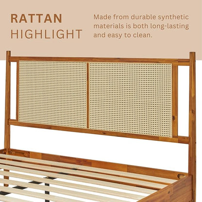 Bme Oliver Headboard Queen Size Bed Frame - 15-Inch Signature Design with Rattan Headboard, Bohemian and Mid Century Style, 12-Slat Wood Support, No Box Spring Needed - Easy Assembly, Caramel - LeafyLoom