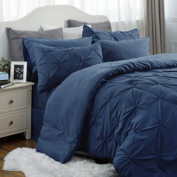 Bedsure Full Size Comforter Sets - Bedding Sets Full 7 Pieces, Bed in a Bag Navy Blue Bed Sets with Comforter, Sheets, Pillowcases & Shams, Adult & Kids Bedding - LeafyLoom