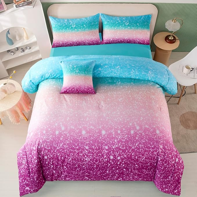 PERFEMET Queen Comforter Set with Sheets, 6 Pieces Tie Dye Rainbow Girls Bedding Set, Gradient Glitter Colorful Ombre Bed in A Bag (Aqua Teal Purple, Queen) - LeafyLoom