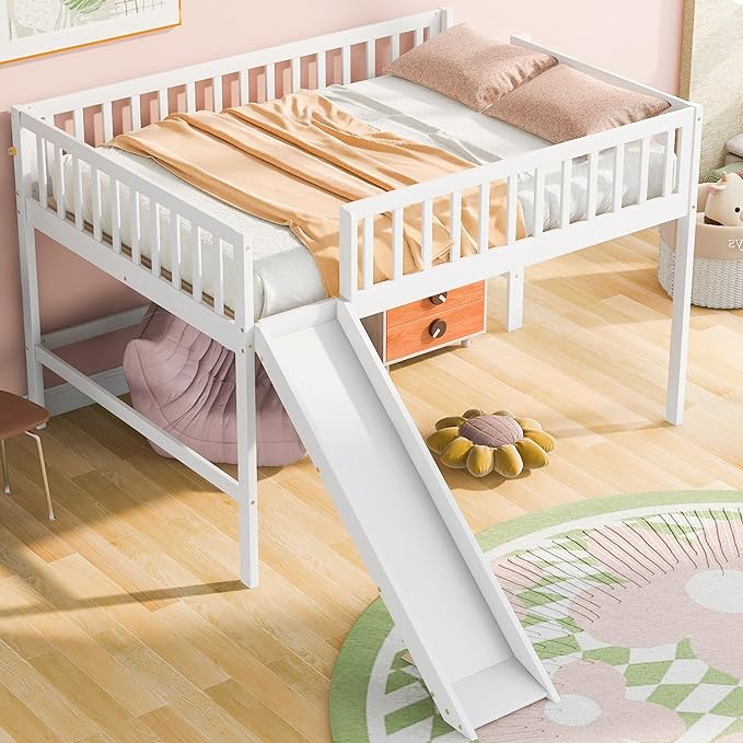 Merax Full Size Junior Wood Loft Bed with Slide Loft Bunk Bed for Girls Boys,Easy Assemble,White - LeafyLoom