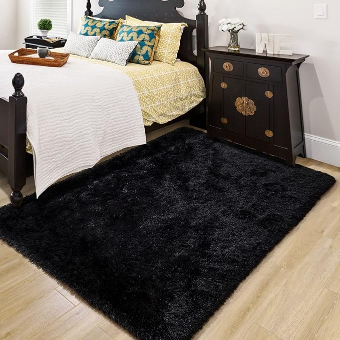 Super Soft Fluffy Shaggy Rugs 3x5 Feet for Living Room Bedroom, Fuzzy Plush Area Rugs for Girls Kids Room Nursery Home Decor, Furry Dorm Rug Cute Non-Slip Indoor Floor Carpet, Black - LeafyLoom