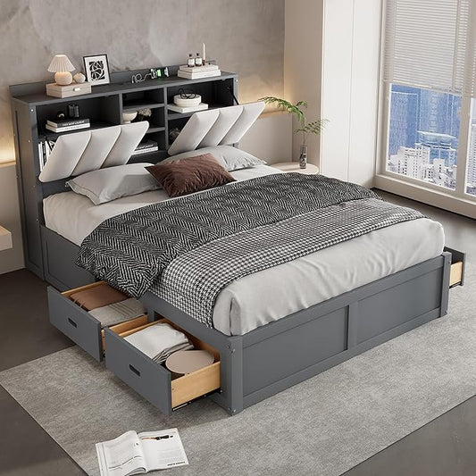 Wood Full Size Platform Bed with Storage Headboard and 4 Drawers, Gray - LeafyLoom