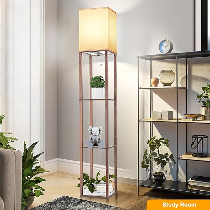 Floor Lamp with Shelves for Living Room Walnut Brown, Shelf Floor Lamp with 3 CCT LED Bulb, Corner Display Standing Column Lamp Etagere Organizer Tower Nightstand with White Linen Shade for Bedroom - LeafyLoom