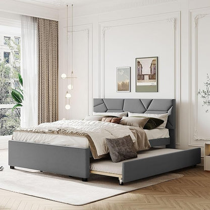 Queen Size Upholstered Platform Bed with Brick Pattern Headboard and Twin XL Size Trundle,Bedroom Bed Frame w/Linen Fabric,Wooden Slats Supproted,for Teens Kids Adults,Gray - LeafyLoom