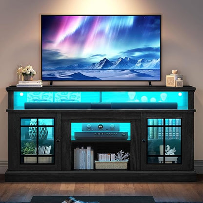 YITAHOME Black TV Stand for 75 Inch TV with LED Lights, 32'' Tall Modern TV Stands w/Adjustable Shelves & Glass Doors, Mid Century Modern Entertainment Center TV Media Console Table for Living Room - LeafyLoom