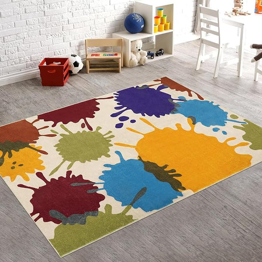 Art Bedroom Rug, 4'x6' Machine Washable Kids Rug for Playroom, Paint Splash Rainbow Area Rug for Classroom, Soft Colorful Living Room Rug Throw Play Mat for Nursery Office Preschool - LeafyLoom