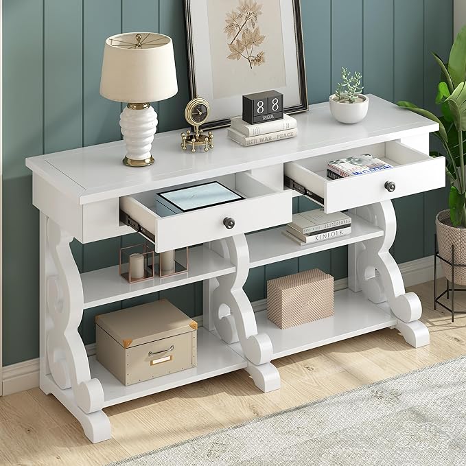 Retro Console Table with Ample Storage,Wood Sideboard Frame,W/Open Adjustable Shelves and 2 Drawers,Buffet Cabinet for Entrance Dinning Living Room,Antique White, 54.1" - LeafyLoom