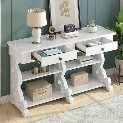 Retro Console Table with Ample Storage,Wood Sideboard Frame,W/Open Adjustable Shelves and 2 Drawers,Buffet Cabinet for Entrance Dinning Living Room,Antique White, 54.1" - LeafyLoom