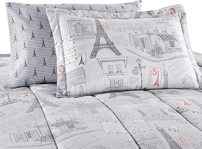 Printed King Bedding Sets with Comforter and Sheets, 7 Piece Bed in A Bag Comforter Set with Fluffy Microfiber, Vintage French Paris City Retro Eiffel Tower Pattern - LeafyLoom