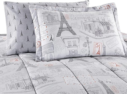 Printed King Bedding Sets with Comforter and Sheets, 7 Piece Bed in A Bag Comforter Set with Fluffy Microfiber, Vintage French Paris City Retro Eiffel Tower Pattern - LeafyLoom