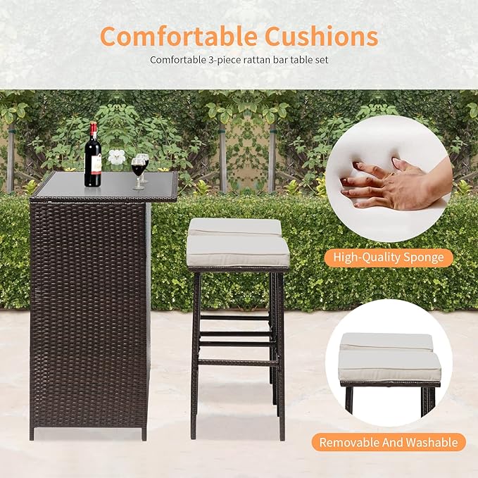 Wicker Patio Furniture 3 Piece Patio Set Chairs Wicker Outdoor Rattan Conversation Sets Bistro Set Coffee Table for Yard or Backyard - LeafyLoom