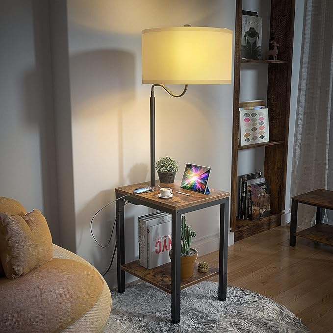 LED Floor Lamp with Table - Rustic End Table with USB Charging Port, Power Outlet, Bedside Nightstand Shelves, Side Table with Reading Standing Light for Living Room, Bedroom, Bulb Included - LeafyLoom