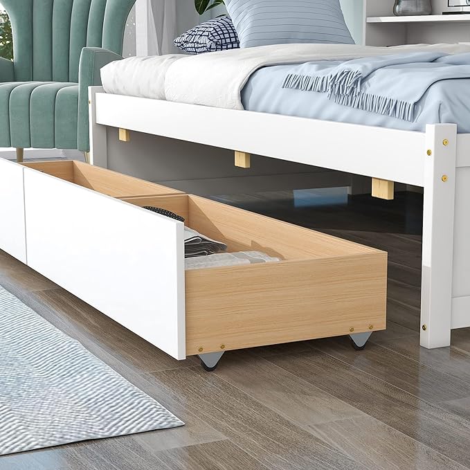 Twin Size Platform 2 Storage Drawers and Side Bookcase, Solid Wood Day Captain, Ideal Bed Frame for Bedroom, Living Room, White - LeafyLoom