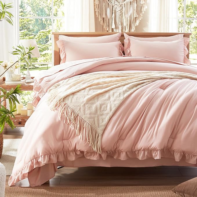 Anluoer Twin Comforter Set 5 Piece, Pink Bed in a Bag with Sheets, All Season Ruffle Shabby Chic Bedding Sets with 1 Comforter, 1 Pillow Sham, 1 Pillowcase, 1 Flat Sheet, 1 Fitted Sheet - LeafyLoom