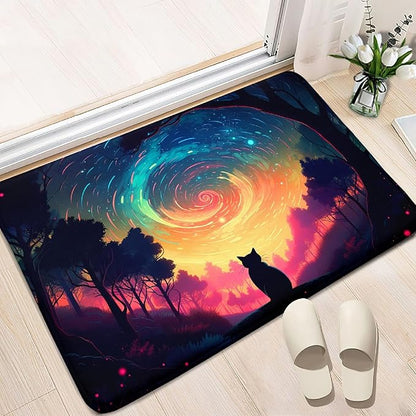 Moon Black Cat Rug - Mystical Stary Night Cat Rug for Kids Bedroom Colorful Black Cat Rug Decor Room Cat Door Mats Outdoor Entrance, 2x3 Feet - LeafyLoom