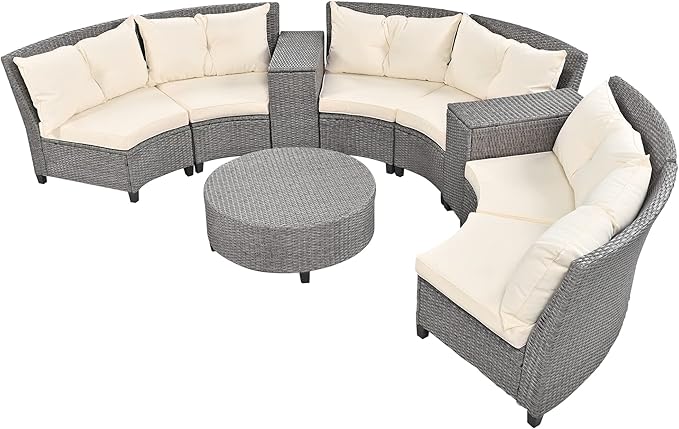 Outdoor 9 Pieces Patio Furniture Half Moon Wicker Sofa Sets, Fan-Shaped Curved Sectional Couch with Coffee Table&Beige Cushions, 1, Gray Rattan - LeafyLoom