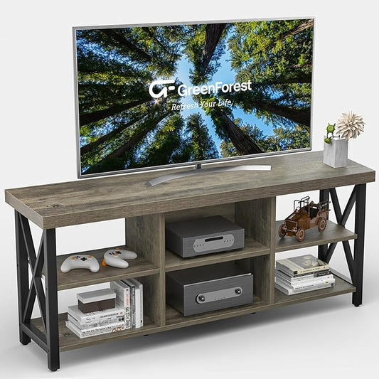 GreenForest TV Stand for TV up to 65 inches, Entertainment Center with 6 Storage Cabinet for Living Room, 55 inch Farmhouse Television Stands Console Table, Industrial TV stands for Living Room, Gray - LeafyLoom