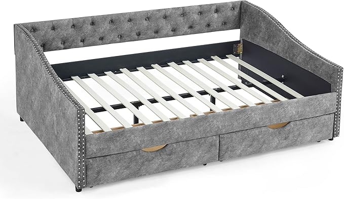 RITSU Modern Full Size Daybed with Drawers Upholstered Sofa Bed, Tufted Buttons On Back, Wooden Frame， Copper Nail On Waved Shape Arms, for Bedroom, Living Room, 80.50, Grey-1 - LeafyLoom