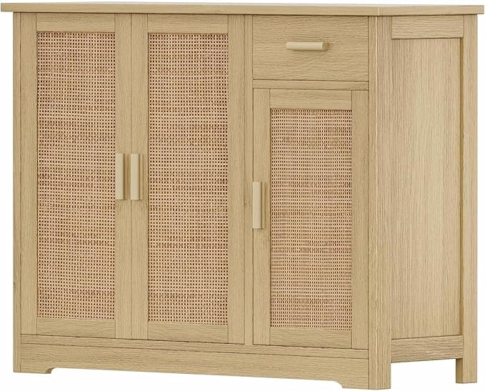 Irontar Kitchen Storage Cabinet, Sideboard Buffet Cabinet with Rattan Decorated Doors, Farmhouse Console Table with Drawer, Coffee Bar, Accent Table for Kitchen, Living Room, Hallway, Natural CWG010M - LeafyLoom