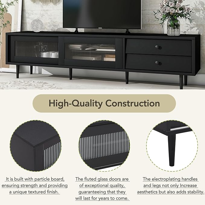 NicBex TV Stand for 75 Inch TV Modern TV Media Console Table with Sliding Fluted Glass Doors,Entertainment Center with Storage for Living Room,70.86 Inch,Black - LeafyLoom