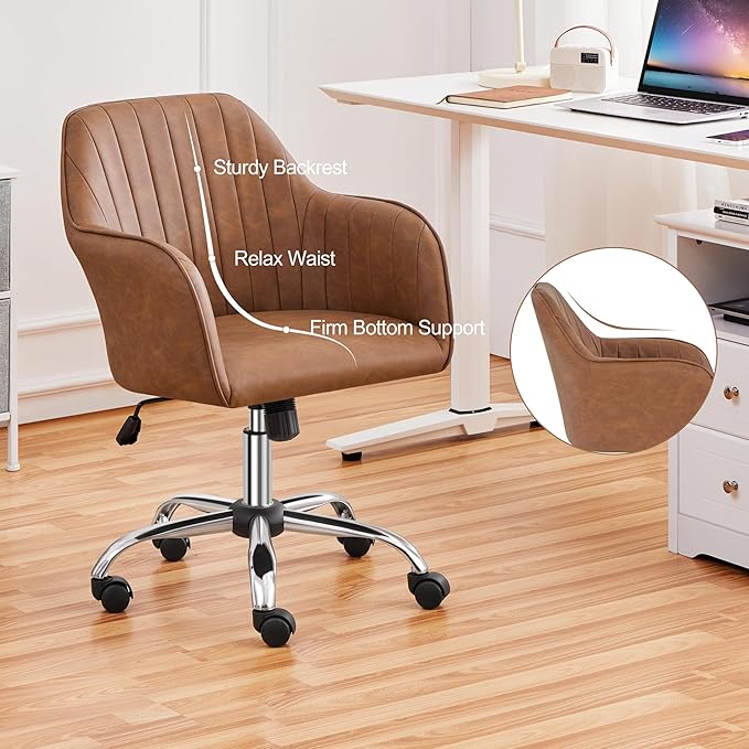 Yaheetech Modern Faux Leather Desk Chair Height Adjustable Task Chair Swivel Office Chair Makeup Chair Computer Chair Mid Back Chair Living Room Chairs with Arms Retro Brown - LeafyLoom