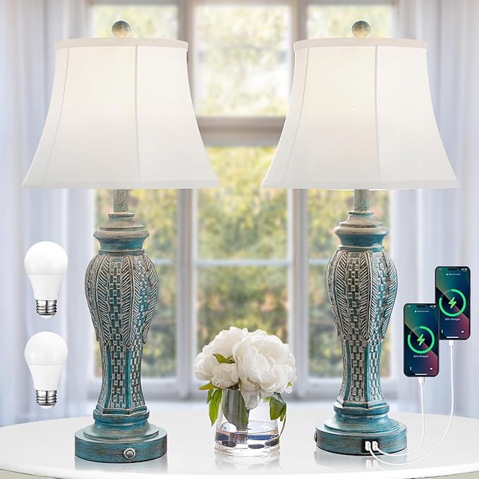 27.5'' Set of 2 Table Lamps for Living Room,Vintage Nightstand Bedside Lamps with 2-USB Charging Ports, Retro 3-Way Dimmable Touch Lamps for Nightstand Bedroom (2 Bulbs Includ Blue Washed) - LeafyLoom