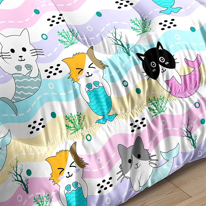 Girls Cat Bedding Set Queen Size - 3Pcs Cute Cartoon Mermaid Tail Cat Patterns Comforter Set for Girls Boys Kids Bedroom Cat Bedding Room Decor for All Season, 1 Comforter 2 Pillow Cases - LeafyLoom