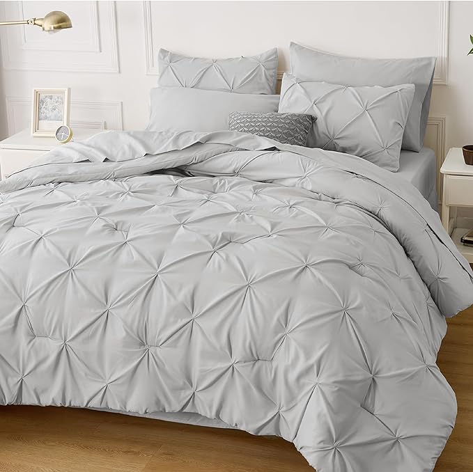 Bedsure Light Grey King Size Comforter Set - Bedding Set King 7 Pieces, Pintuck Bed in a Bag Green Bed Set with Comforter, Sheets, Pillowcases & Shams - LeafyLoom