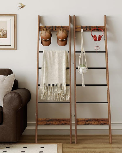 Blanket Ladder Shelf for Living Room, Decorative Wood Quilt Rack with 4 Removable Hooks, 6-Tier Farmhouse Ladder Holder Organizer for Bedroom, Rustic Brown and Black BR31501B - LeafyLoom