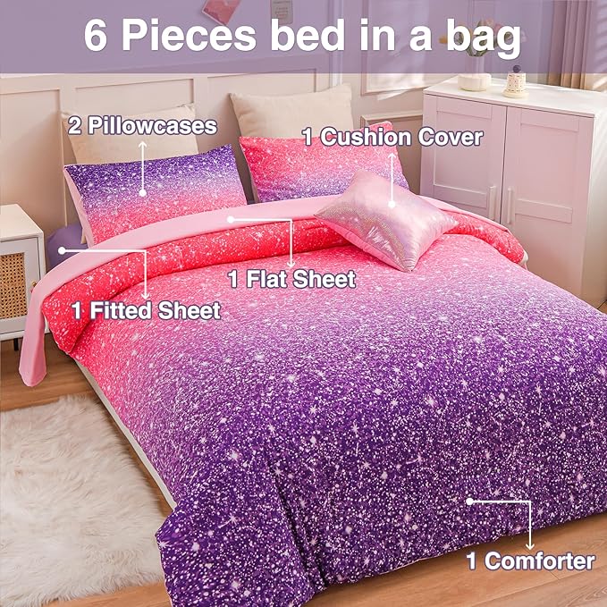 A Nice Night Girls Comforter Set Twin Size 6 Piece Bed in A Bag 3D Colorful Sparkle Galaxy Rainbow Bedding Comforter Sheet Sets for Kids,RedPurple - LeafyLoom