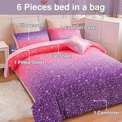 A Nice Night Girls Comforter Set Twin Size 6 Piece Bed in A Bag 3D Colorful Sparkle Galaxy Rainbow Bedding Comforter Sheet Sets for Kids,RedPurple - LeafyLoom