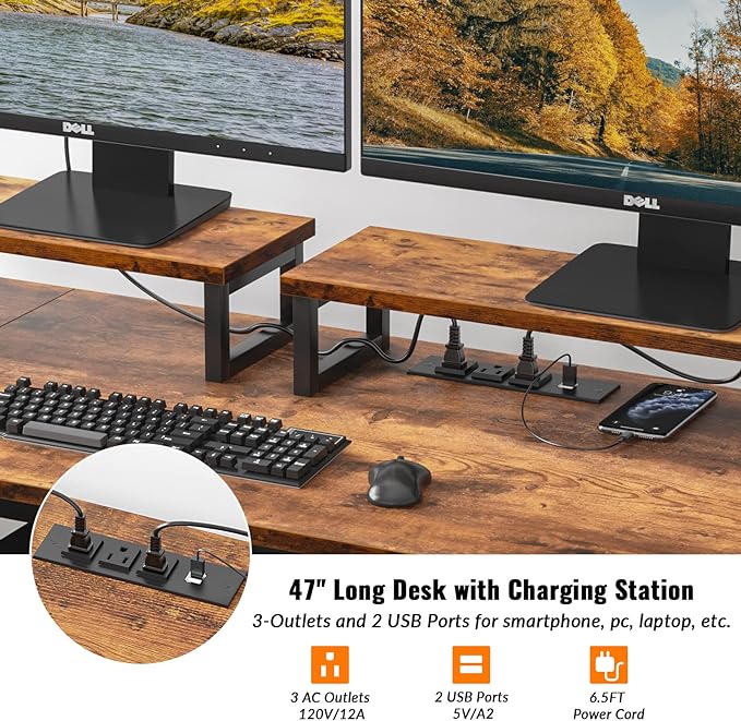 Furologee Computer Desk with Drawer and Power Outlets, 47" Office Desk with 2 Monitor Stands and Fabric File Cabinet, Writing Gaming Table with Shelves and 2 Hooks for Home Office, Rustic Brown - LeafyLoom