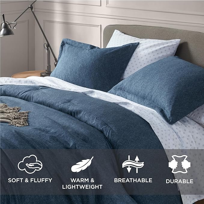 Chambray Queen Comforter Set - Blue Denim Queen Size Bedding Sets, 7 Pieces Soft Bedding for All Seasons with Comforter, Sheets, Pillowcases & Shams - LeafyLoom