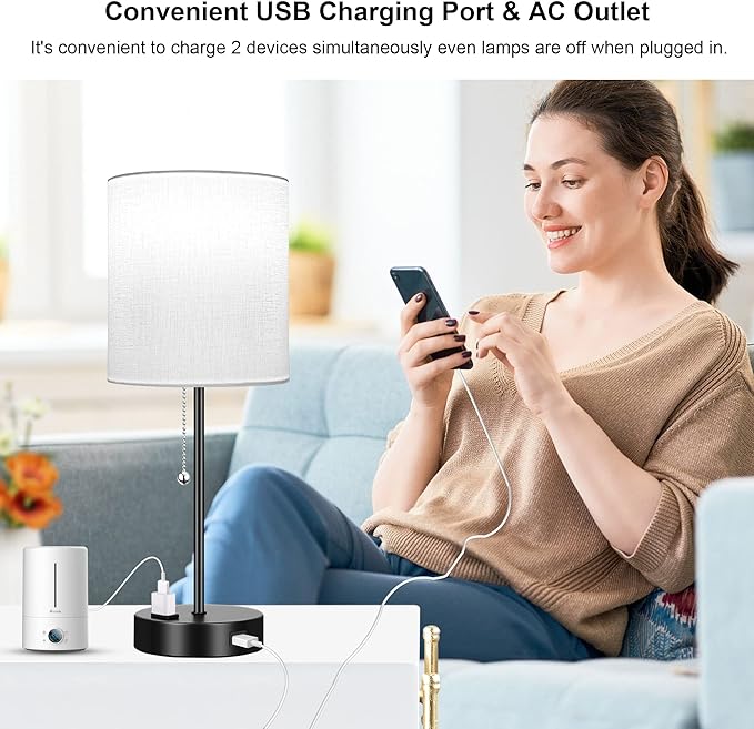 3 Color Temperature Bedside Table Lamps Set of 2, Modern Small Lamp with USB and Outlet, Bedroom Lamp for Nightstand with Chain Switch, White Desk Lamp for Living Room, Two Bulbs Included - LeafyLoom