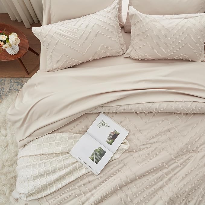 Anluoer Queen Comforter Set, khaki Tufted Bed in a Bag 7 Pieces with comforters and sheets, All Season Bedding Sets with 1 Comforter, 2 PillowShams, 2 Pillowcases, 1 Flat Sheet, 1 Fitted Sheet - LeafyLoom